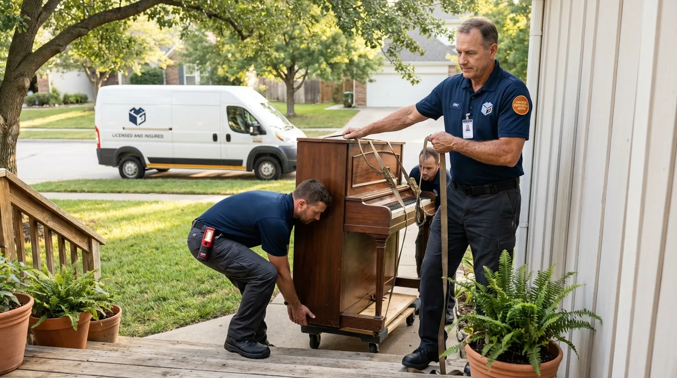 Licensed piano movers securing grand piano in Hatillo, PR