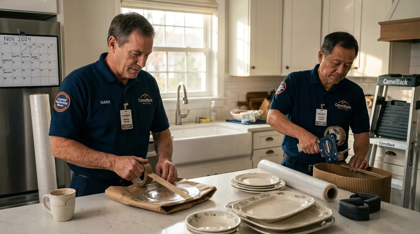 Professional crew packing kitchen dishware in Hatillo, PR